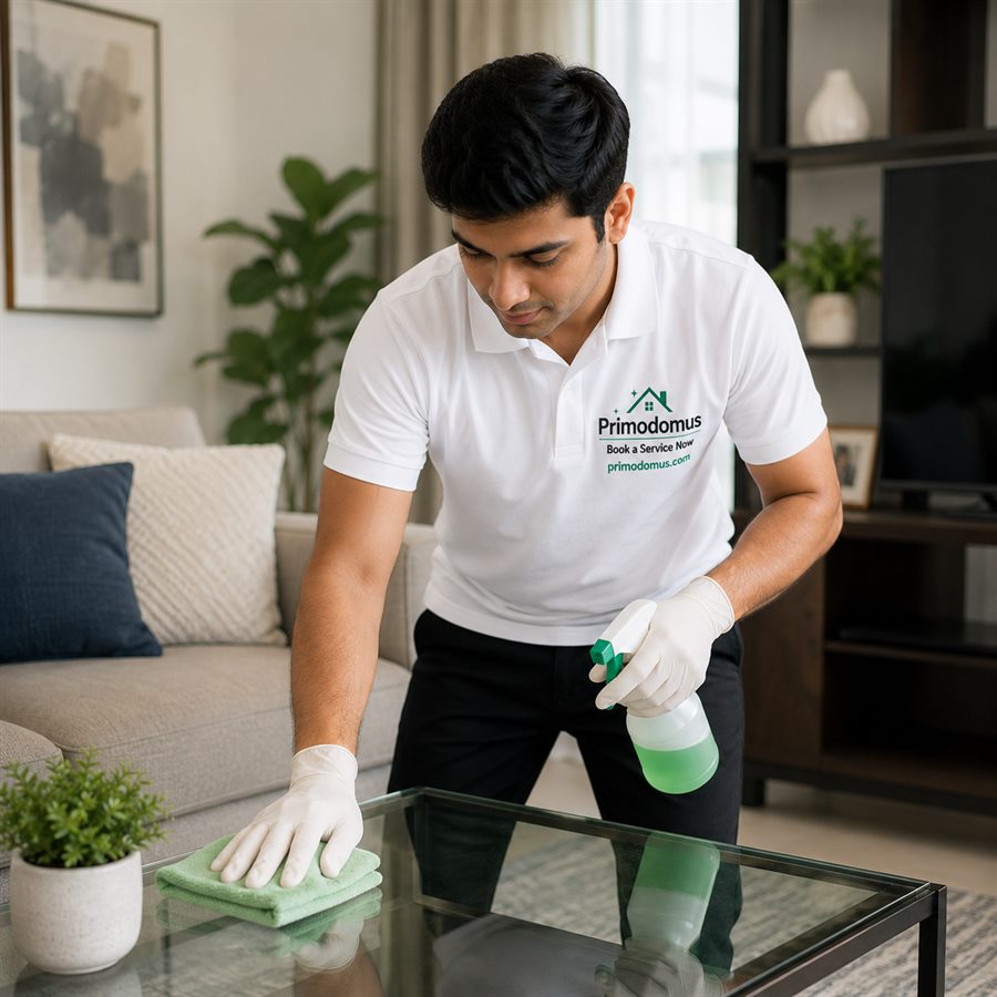 Primodomus professional in branded uniform cleaning a living room